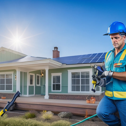 A photograph of a person in a hard hat and gloves, holding a caulking gun with a tube of eco-friendly sealant, standing in front of a renovated home with solar panels and a green roof.