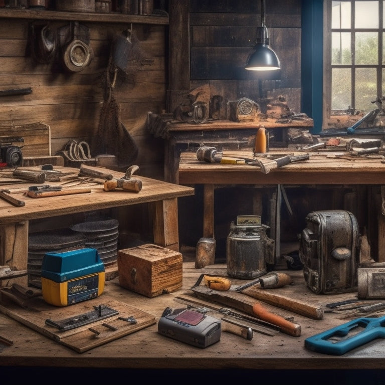 A cluttered workshop background with various tools scattered around, a prominent wooden workbench in the center, featuring a few essential leveling tools, including a spirit level, laser level, and leveling app on a tablet.