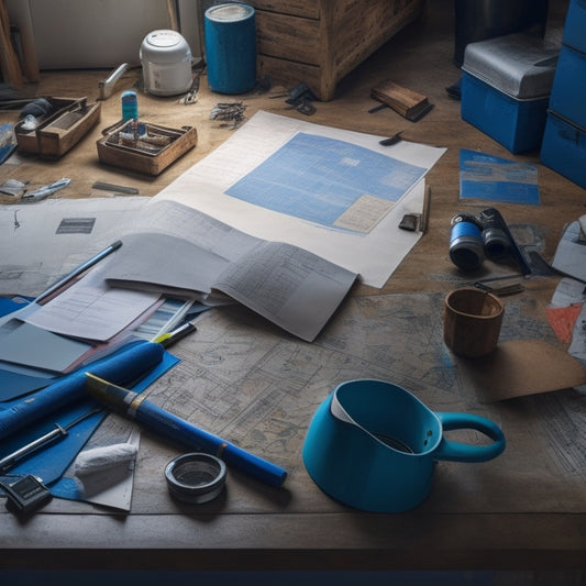 A messy room with blueprints and tools scattered on floor, contrasted with a tidy workspace in the background, featuring a clipboard with a checklist and a pencil, surrounded by organized renovation materials.