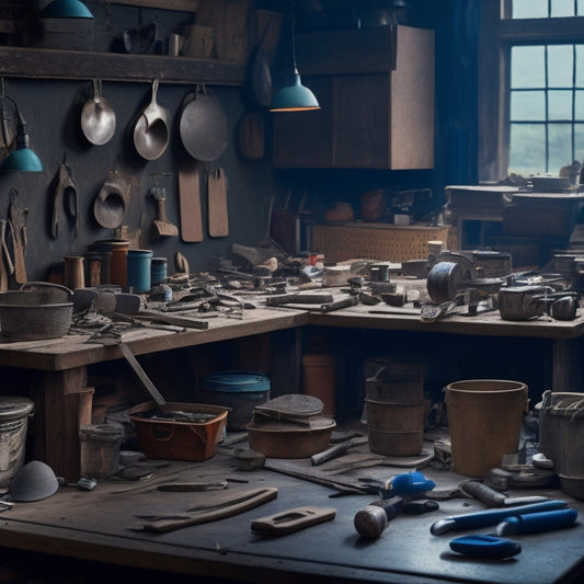 A cluttered workshop background with various trowels of different sizes and shapes scattered on a wooden workbench, surrounded by half-finished renovation projects and scattered tools.