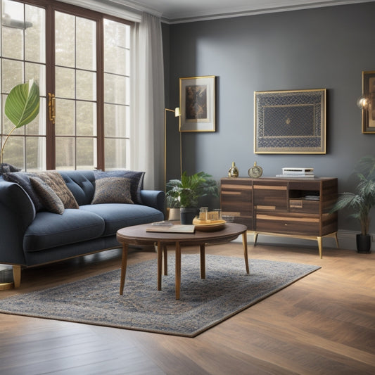 An elegant, modern living room with a beautifully renovated wooden floor featuring a decorative inlay pattern, surrounded by stylish furniture and a few edgers of different designs on a side table.