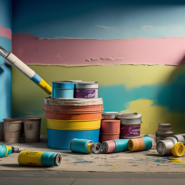 A messy, half-painted wall with scattered paint cans, rollers, and extension poles, amidst a backdrop of renovation chaos, with a single, perfectly painted section highlighting the ideal roller's strokes.