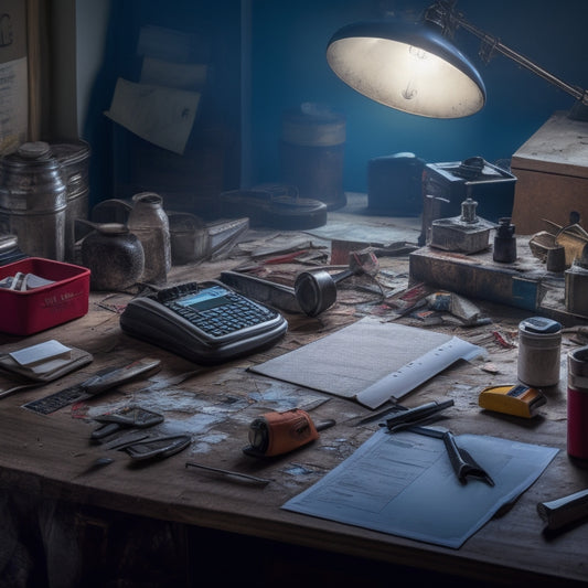 A cluttered, dimly lit room with torn wallpaper, broken tiles, and scattered tools, juxtaposed with a clean, organized desk featuring a calculator, blueprints, and a checklist with a red pen lying on top.