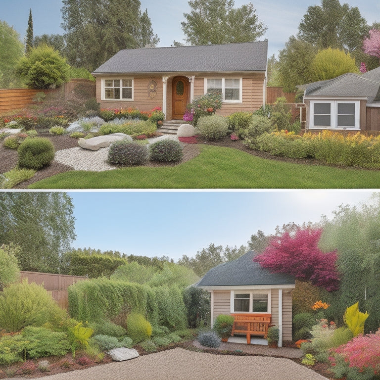 Illustrate a before-and-after split-screen image: a messy, rubble-filled backyard on the left, and on the right, a tidy, renovated yard with raised garden beds, lush greenery, and a small shed in the corner.
