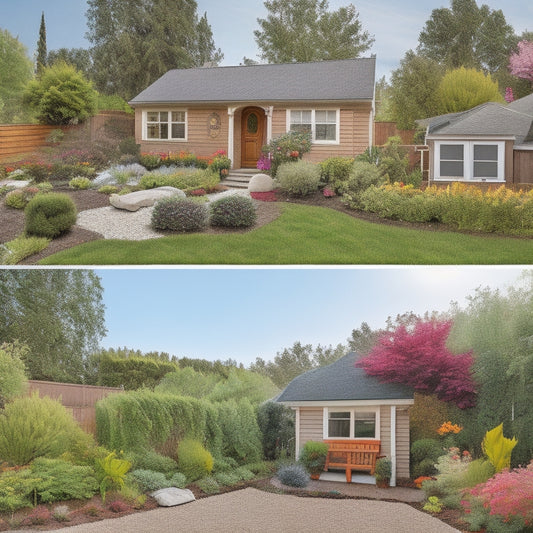 Illustrate a before-and-after split-screen image: a messy, rubble-filled backyard on the left, and on the right, a tidy, renovated yard with raised garden beds, lush greenery, and a small shed in the corner.