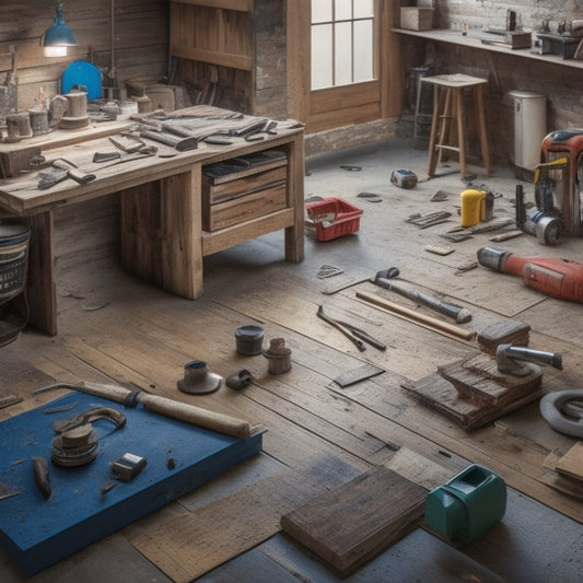 A cluttered workshop floor with various flooring renovation tool kits scattered around, featuring a beginner-friendly layout with tools like a hammer, tape measure, and wrench, surrounded by wooden planks and flooring samples.
