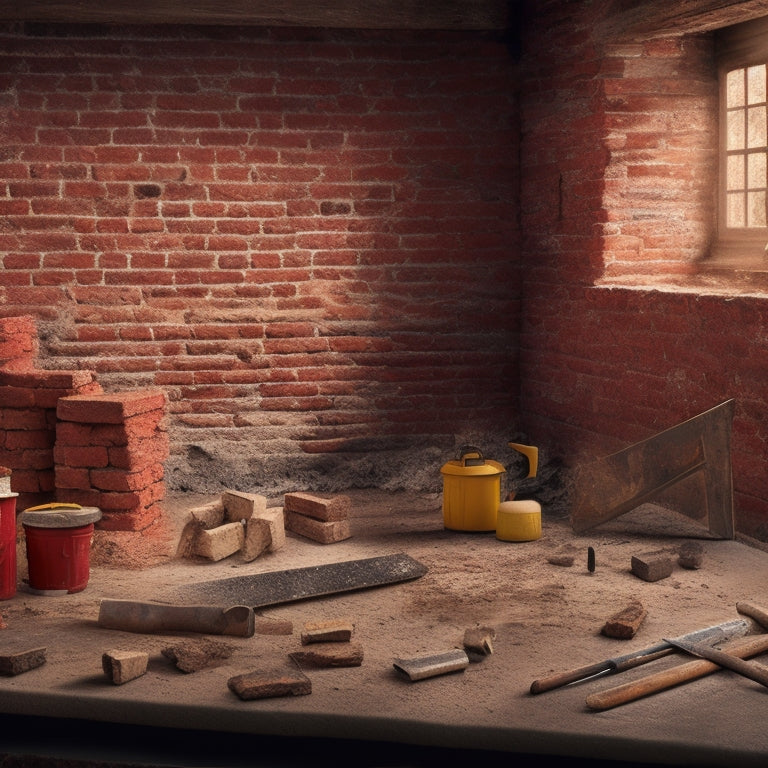 An illustration of a renovation site with a crumbling brick wall, a straightened wall section, and various tools like a level, hammer, and trowel, surrounded by scattered bricks and mortar.
