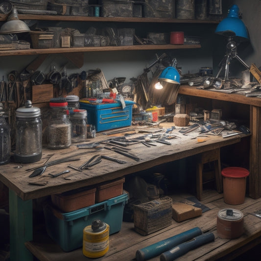 A cluttered workbench with various DIY repair kits, tools, and materials scattered around, including a half-assembled cabinet, a hammer, a level, and a roll of duct tape.