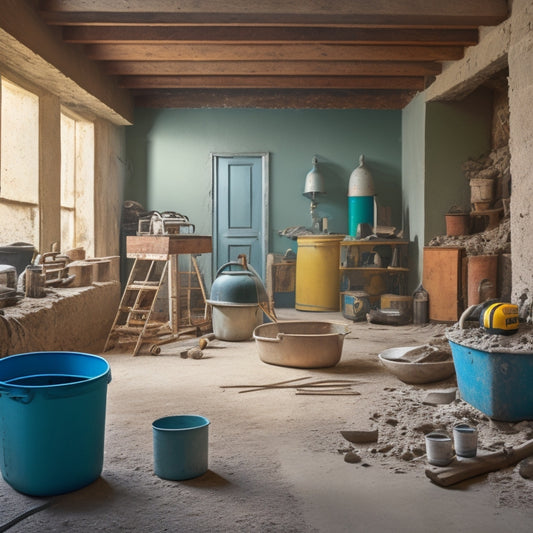 A cluttered but organized workshop with a concrete mixer, trowels, level, safety goggles, and a bucket of mixed concrete in the foreground, surrounded by partially renovated walls and floors.