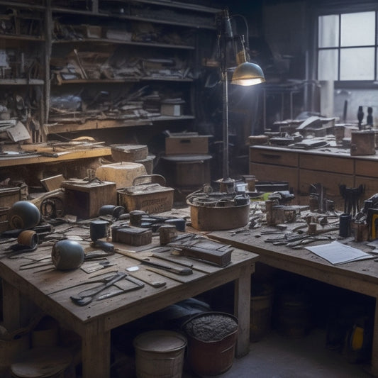 A cluttered workshop with a half-finished renovation project in the background, surrounded by scattered tools and materials, with a calculator, notebook, and budget sheets on a workbench in the foreground.