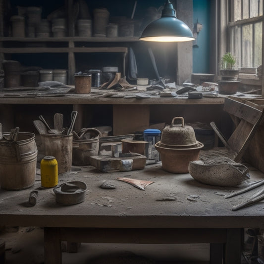 A cluttered, well-lit workshop table with a variety of organized plastering tools, including a hawk, trowel, joint knife, and mixing bucket, surrounded by scattered plaster dust and renovation materials.