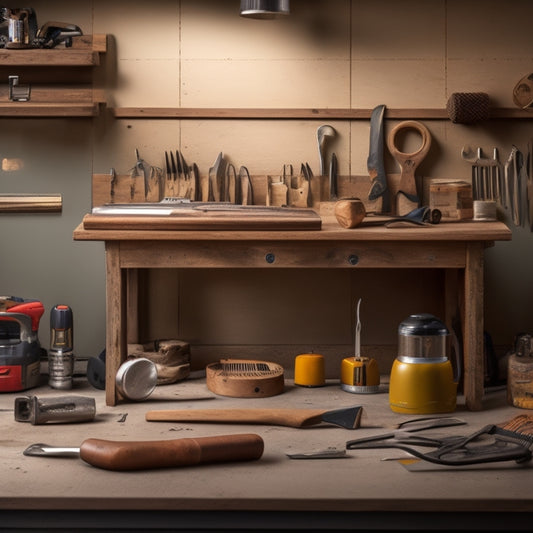 A clutter-free, well-organized workbench with a mix of metallic and wooden tool handles, a cordless drill, pliers, wrenches, a level, a tape measure, and a hammer, against a clean, gray background.
