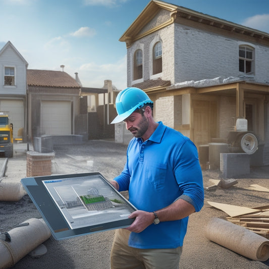An illustration of a person holding a tablet, standing in front of a partially renovated house with a mixing truck and construction materials in the background, surrounded by scattered blueprints and calculators.
