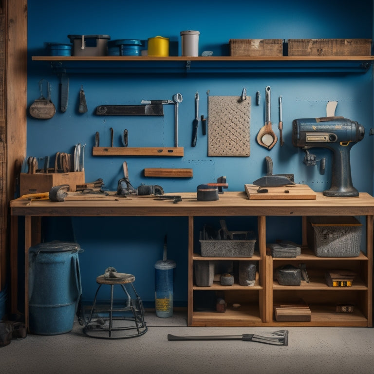 A clutter-free workshop with a pegboard displaying neatly organized renovation tools, a toolbox in the corner with a partially open lid, and a workbench with a tool sharpener and a cleaning cloth.