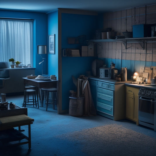 A cluttered, dimly lit room with uneven floors, cracked walls, and outdated fixtures, contrasted with a bright, organized, and modern space in the background, with a subtle blueprint or grid overlay.