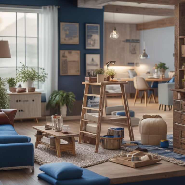 A serene, well-lit, modern living room with a ladder, toolbox, and scattered renovation materials, surrounded by blueprints, calculators, and miniature model houses on a wooden coffee table.