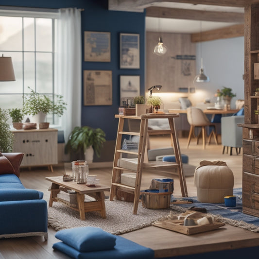 A serene, well-lit, modern living room with a ladder, toolbox, and scattered renovation materials, surrounded by blueprints, calculators, and miniature model houses on a wooden coffee table.