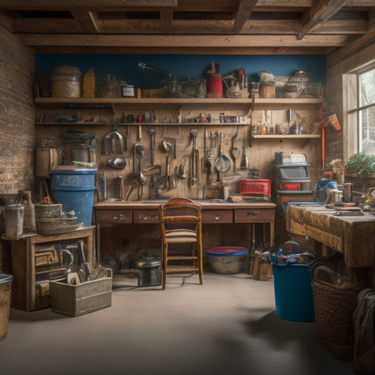 A cluttered garage with tools scattered about, contrasted with a tidy, organized workspace featuring a few rented tools and a happy homeowner in the background, surrounded by renovation progress.