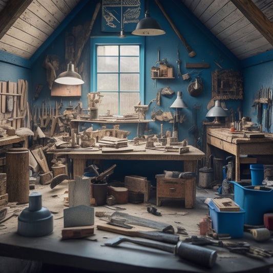 A cluttered workshop with various home renovation tools, surrounded by scattered blueprints, with a miniature house in the center, wearing a hard hat and holding a hammer.