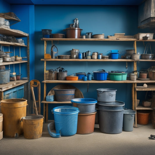 A clutter-free workshop with a variety of buckets in the foreground, including a large, sturdy one with a metal handle, a smaller one with a measuring scale, and a few with lids, amidst scattered renovation tools and materials.