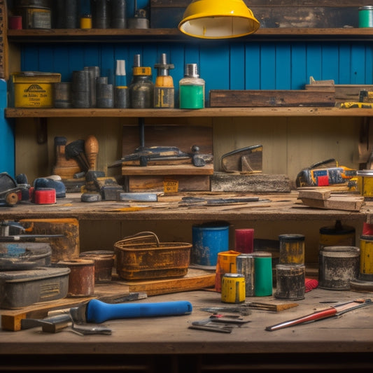 A cluttered workbench with various finishing tools, including a cordless drill, sandpaper, a putty knife, a tape measure, and a level, surrounded by wooden planks, paint cans, and scattered screws.