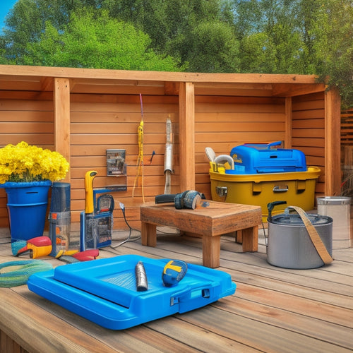 An image depicting a well-organized outdoor workspace with a weather-resistant toolbox in the center, surrounded by neatly coiled hoses, a hammer, and a tape measure, against a blurred backyard renovation backdrop.