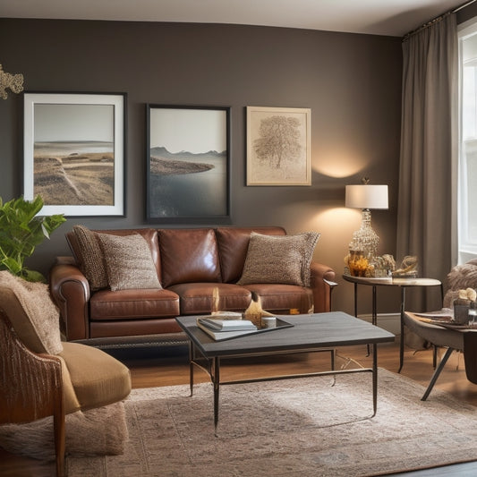 A tidy, well-lit, and newly renovated living room with a clipboard and pen on a sleek coffee table, surrounded by tools, paint swatches, and a "before" photo on the wall.