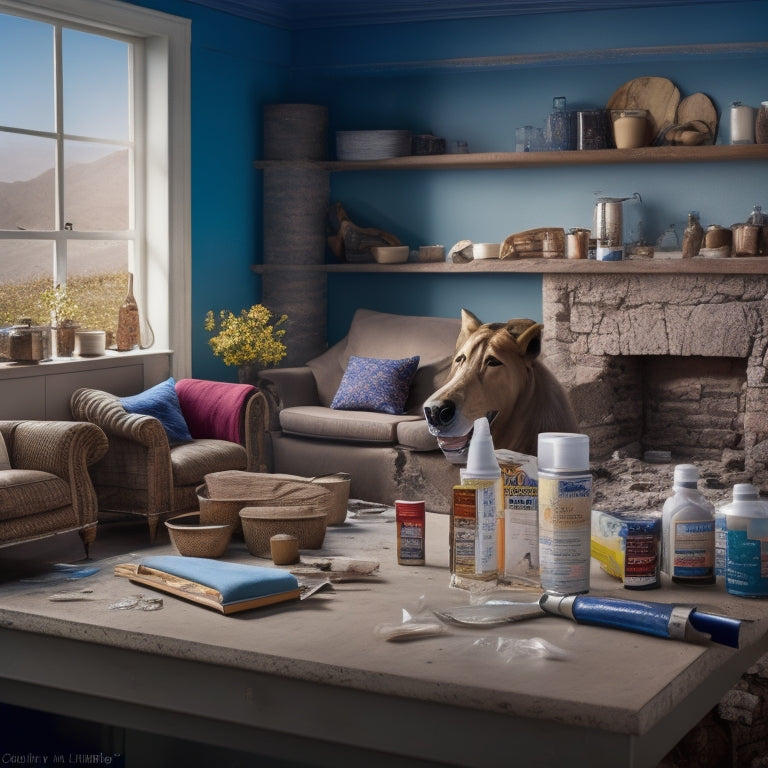 A split-level living room with a prominent crack in the wall, a putty knife and caulk gun on a nearby table, surrounded by various crack filler products with different packaging and colors.