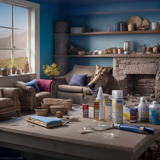 A split-level living room with a prominent crack in the wall, a putty knife and caulk gun on a nearby table, surrounded by various crack filler products with different packaging and colors.