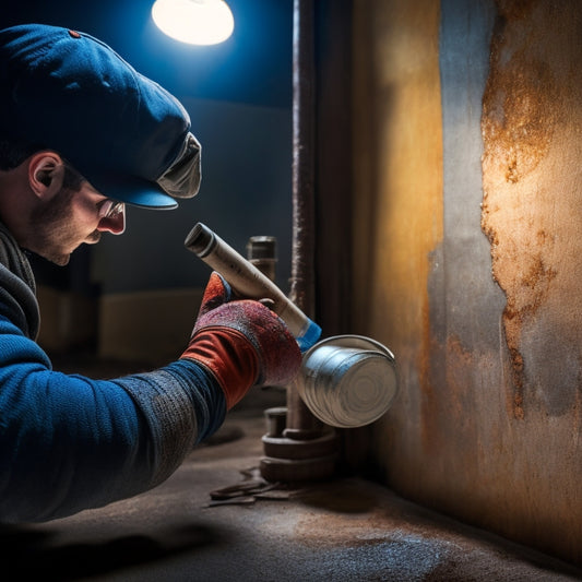 A close-up shot of a person's hands holding a flashlight, inspecting a wall with peeling paint, exposed drywall, and rusty pipes in the background, with a subtle hint of a renovation blueprint on the floor.