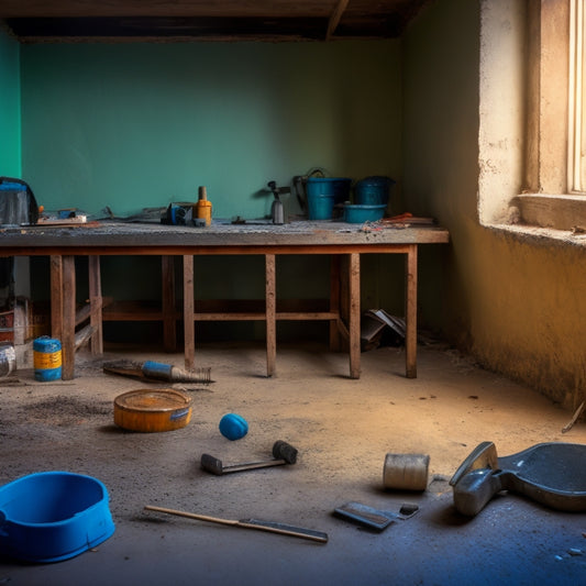 A messy, partially renovated room with scattered tools, a tamping tool in the center, surrounded by torn flooring and concrete dust, with a faint blueprint on the wall in the background.