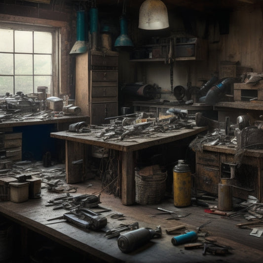 A cluttered workshop with various power tools, scattered toolboxes, and tangled cords, surrounded by torn packaging and scattered receipts, with a faint blueprint of a house in the background.