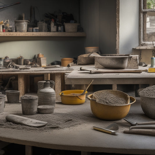A cluttered workbench with various concrete finishing trowels, each with distinct handle materials and blade shapes, surrounded by scattered concrete mix, buckets, and renovation tools, against a blurred background of a construction site.