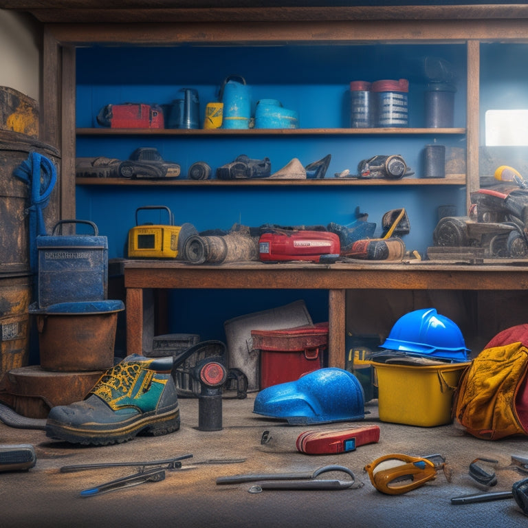 A cluttered garage with renovation tools scattered about, featuring a prominent hard hat, safety goggles, earplugs, steel-toed boots, and a first aid kit amidst a backdrop of power tools and building materials.