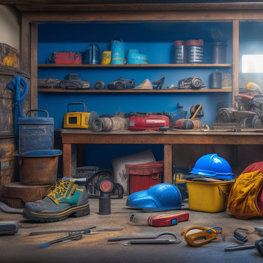 A cluttered garage with renovation tools scattered about, featuring a prominent hard hat, safety goggles, earplugs, steel-toed boots, and a first aid kit amidst a backdrop of power tools and building materials.