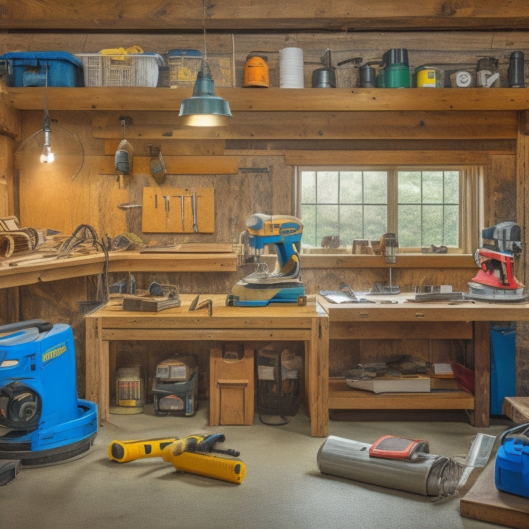 A cluttered workbench with a circular saw, drill press, impact driver, and level, surrounded by stacks of plywood, 2x4s, and drywall, with a measuring tape and safety goggles on top.