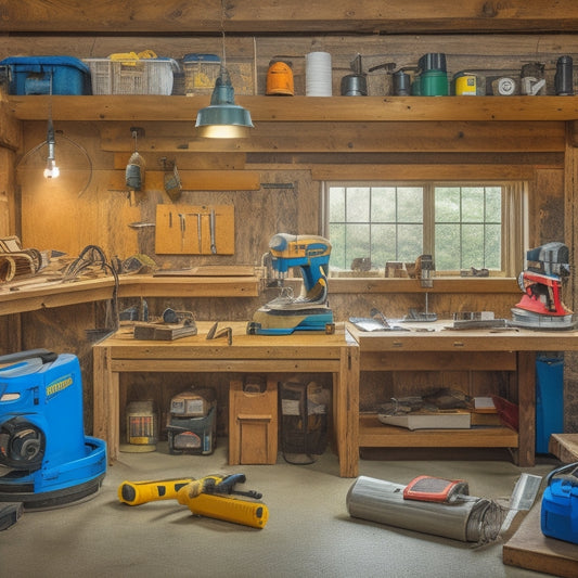 A cluttered workbench with a circular saw, drill press, impact driver, and level, surrounded by stacks of plywood, 2x4s, and drywall, with a measuring tape and safety goggles on top.
