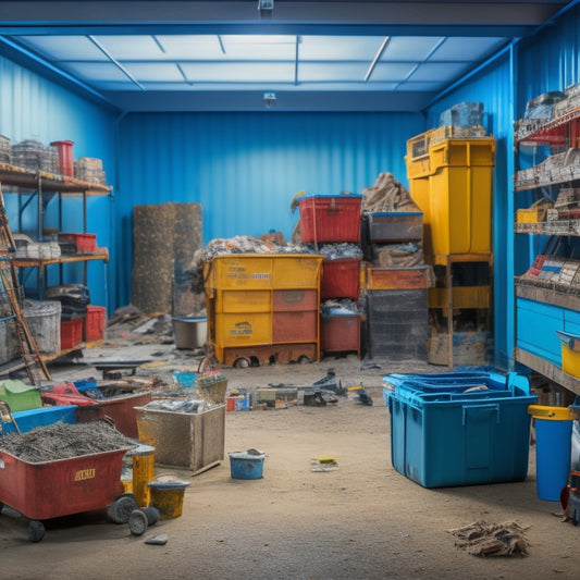 A cluttered construction site with scattered tools, materials, and debris, contrasted with a tidy, organized area featuring a portable storage container, shelving units, and labeled bins, with a renovated room in the background.