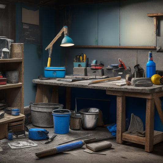 A cluttered workbench with various tools, including a roller extension pole, a bucket of sealant, a foam brush, a trowel, and a putty knife, surrounded by cinder blocks and a partially sealed wall in the background.