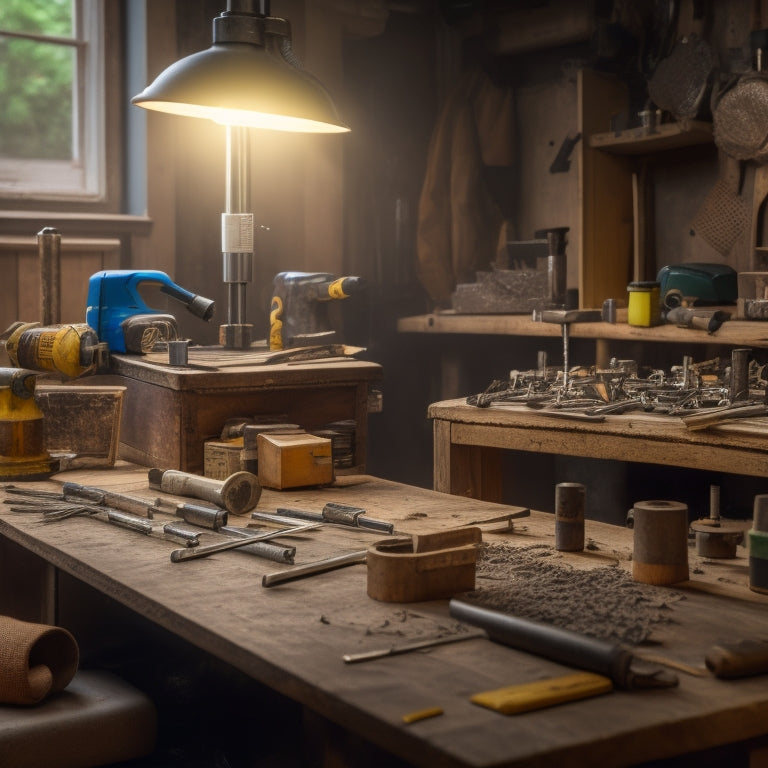 A cluttered workbench with various drill bits scattered around a drill press, surrounded by half-finished DIY projects, wooden planks, and scattered tools, with a subtle hint of a renovated room in the background.