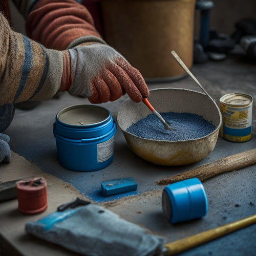 A close-up shot of a person's hands holding a crack repair kit, with a partially repaired cracked wall in the background, surrounded by scattered tools and a bucket of patching compound.