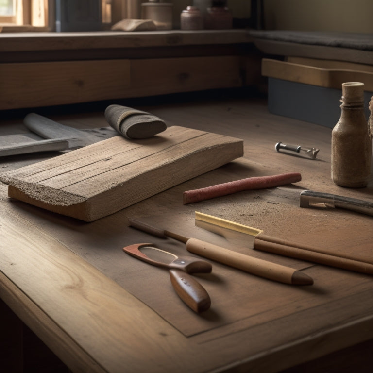 A close-up of a wooden floorboard with a hairline fracture, surrounded by tools and materials, including a hammer, chisel, wood filler, and a putty knife, with a faint outline of a renovated room in the background.