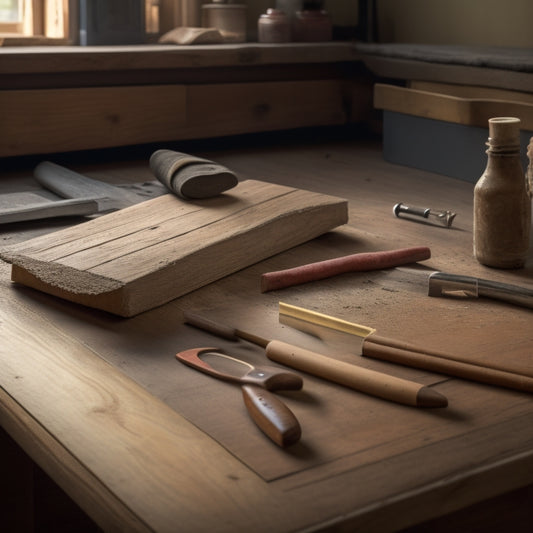 A close-up of a wooden floorboard with a hairline fracture, surrounded by tools and materials, including a hammer, chisel, wood filler, and a putty knife, with a faint outline of a renovated room in the background.