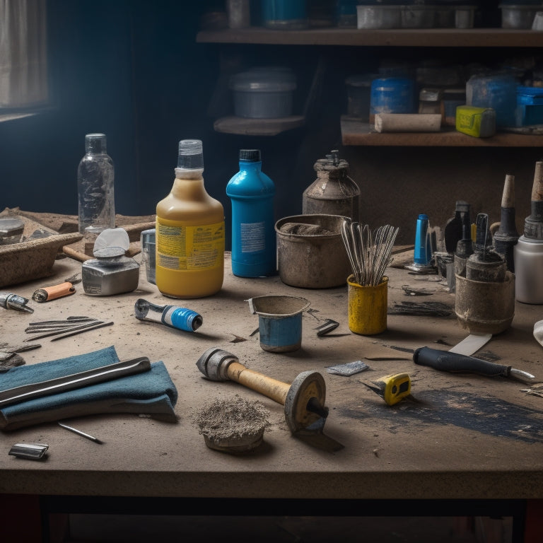 A cluttered workshop table with various tools and materials, including a cordless drill, putty knife, caulk gun, and rolls of sealant tape, surrounded by remnants of old sealant and construction debris.