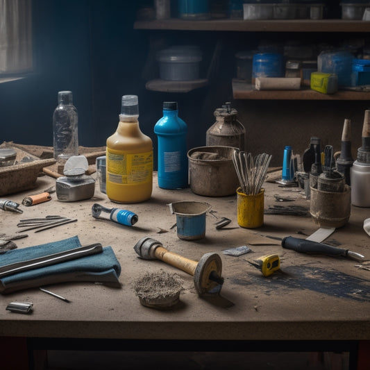 A cluttered workshop table with various tools and materials, including a cordless drill, putty knife, caulk gun, and rolls of sealant tape, surrounded by remnants of old sealant and construction debris.