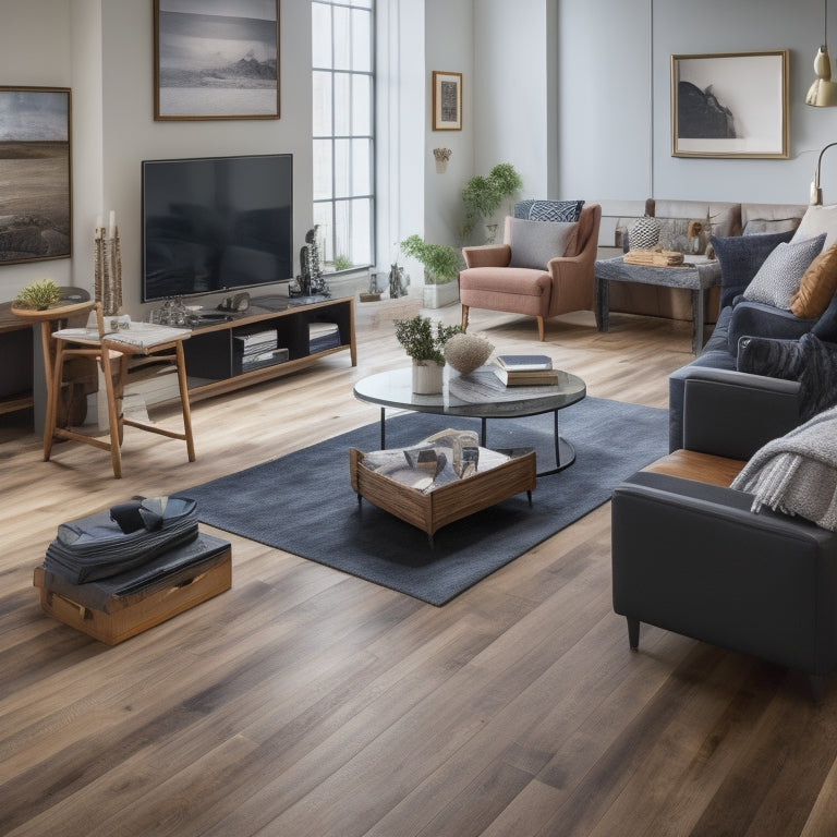 A modern, well-lit, and spacious living room with various flooring designs and materials displayed on a large, sleek tablet and laptop screens, surrounded by renovation tools and samples.