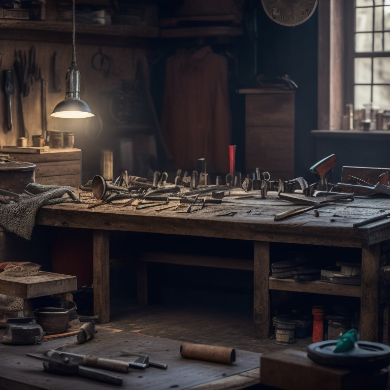 A cluttered but organized workbench with various hammers of different sizes and materials, surrounded by scattered nails, wooden planks, and renovation tools, with a subtle background of a renovated room.