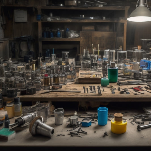 A cluttered workbench with various epoxy injection tools, including a cartridge gun, mixing sticks, and injection ports, surrounded by half-finished renovation projects and scattered epoxy cartridges.