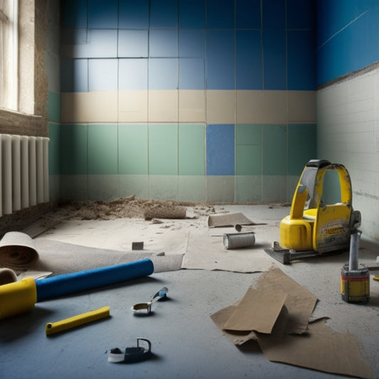 A cracked wall with a measuring tape and a hammer lying on the floor in front of it, surrounded by scattered blueprints and construction materials, with a subtle background of a partially renovated room.