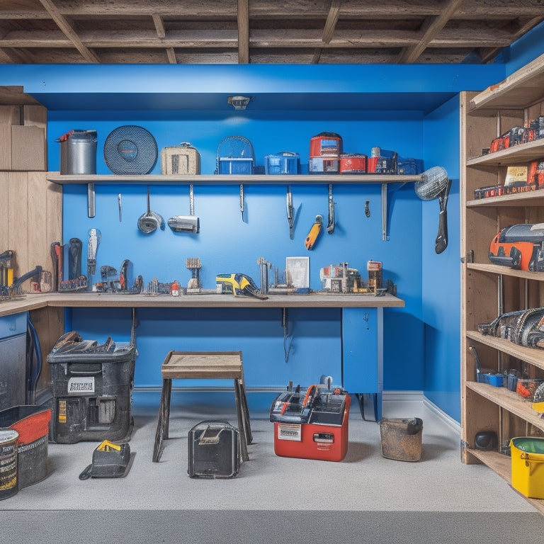 An organized garage renovation workspace with a workbench, toolbox, and various tools like a drill, impact driver, and circular saw, surrounded by renovation materials like plywood, drywall, and paint cans.